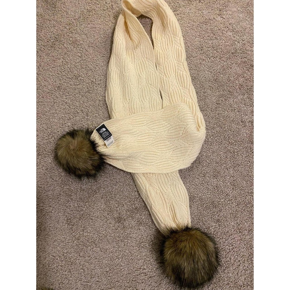 The North Face Scarf Pompom Faux Fur Knit Ivory Cream OSFM